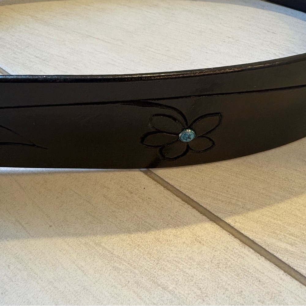 Vtg Al Stohlman Brand Black Leather Belt Floral Tooled Silver Western Cowgirl - Picture 7 of 11